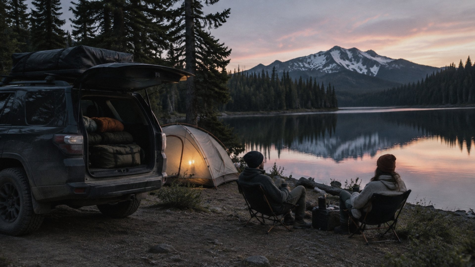 Loaded SUV with a roof bag at a lakeside camp at dusk